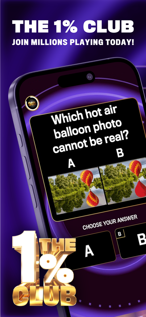 The 1% Club TV Show Quiz Game - A smartphone screen showing a lateral thinking logic puzzle from The 1 percent Club quiz game about hot air balloon reflections.