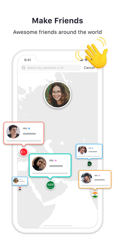 Yalla Lite app interface showing profile pictures of international users on a world map to make friends