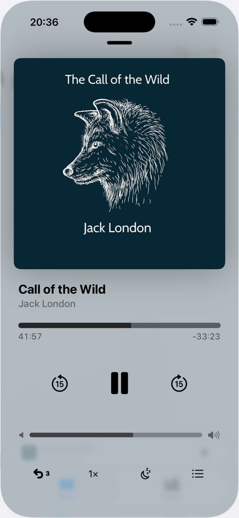 AudioBooks - MP3 & M4B player - Écran de lecture de l'application AudioBooks affichant L'Appel de la forêt de Jack London avec des commandes minimalistes et un bouton d'annulation de recherche