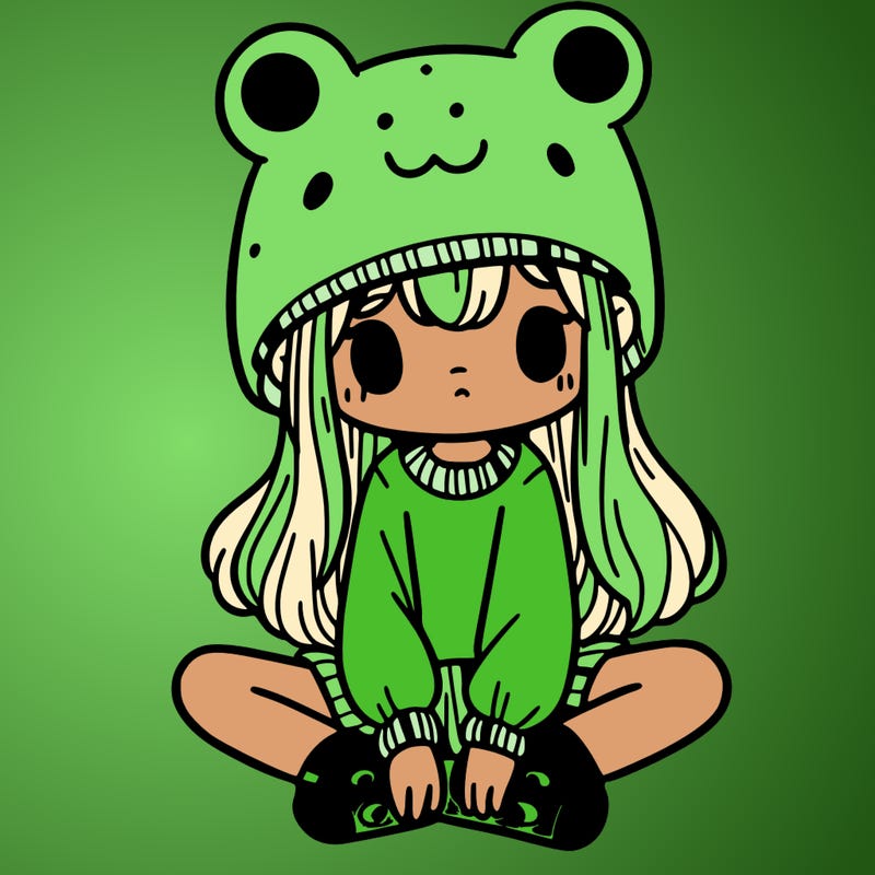 a girl wearing a frog hat and some frog socks