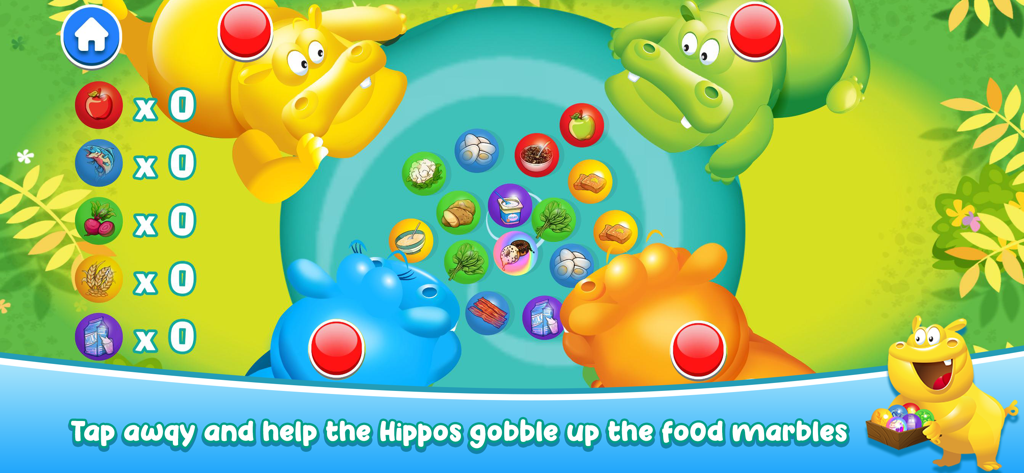Hungry Hungry Hippos game screen showing colorful hippos collecting food marbles