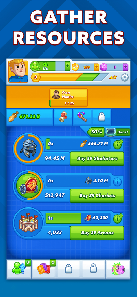 Pantalla de juego de AdVenture Ages mostrando la recolección de recursos históricos y la gestión de unidades.