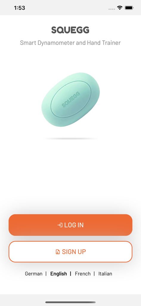 SQUEGG - SQUEGG app welcome screen featuring the smart hand gripper and login options