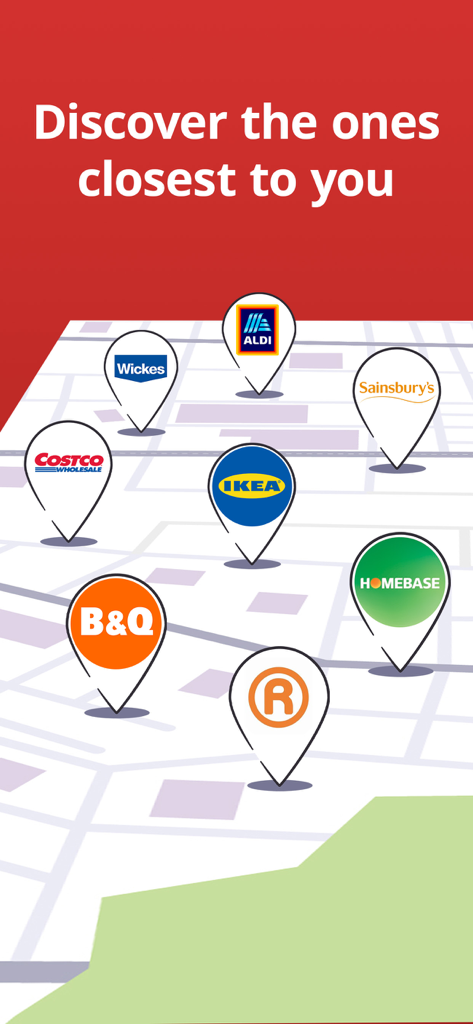 Mapa exibindo lojas de varejo próximas com pinos de localização de marcas