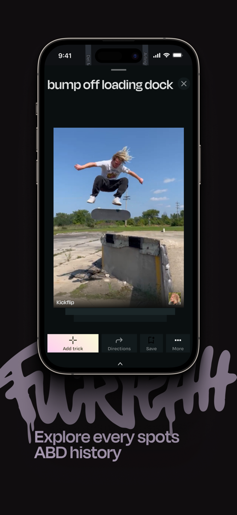 A skater performing a kickflip at a loading dock spot within the ShredSpots app interface