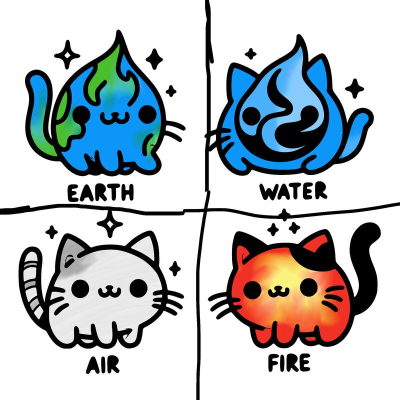 4 cats that represent the different elements, earth, water, air, and fire