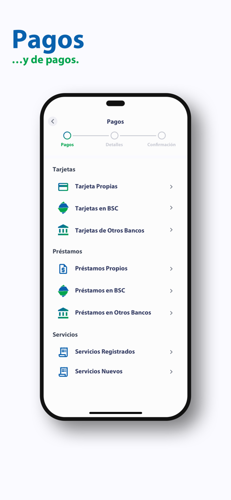App BSC - Mobile app interface for Banco Santa Cruz showing payment categories for cards loans and services