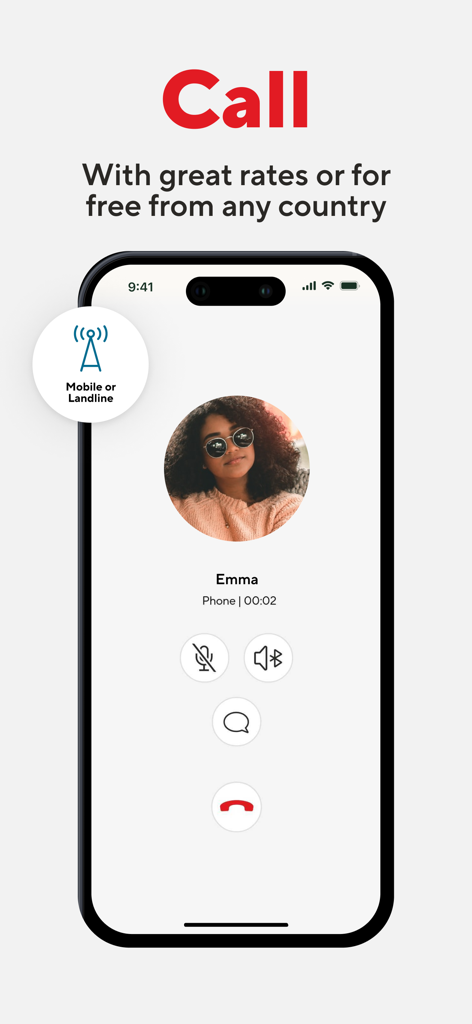 BOSS Revolution: Call & Top up - Captura de tela do aplicativo móvel BOSS Revolution mostrando uma interface de chamada internacional ativa em um iPhone com um ícone de conexão de celular ou telefone fixo