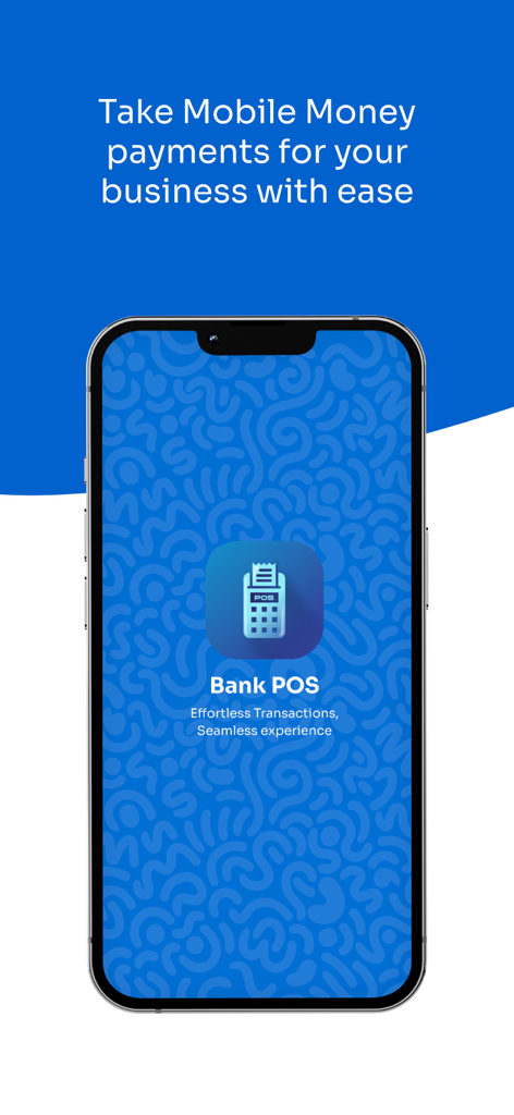Bank POS - Splash screen of the Bank POS app on a smartphone for effortless mobile money business transactions