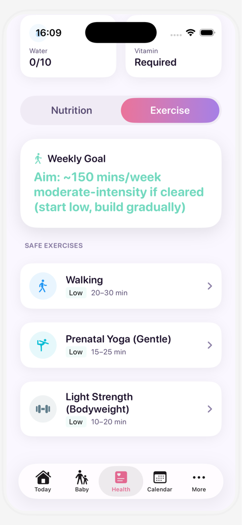 Mom Plus Pregnancy Tracker - Mom Plus app interface showing safe prenatal exercise recommendations and weekly health goals.