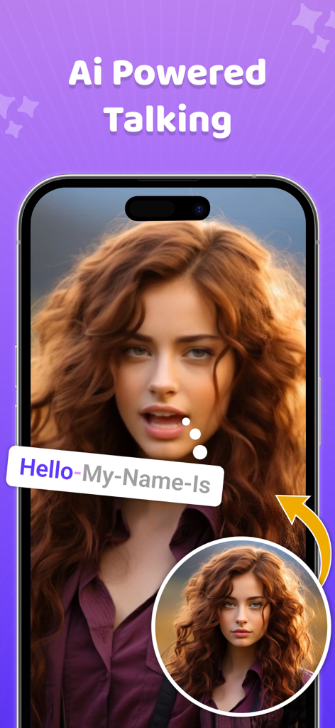 AI Face Talk : Photo Animator - AI Face Talk app interface showing the AI powered talking animation feature transforming a static portrait photo into a video.