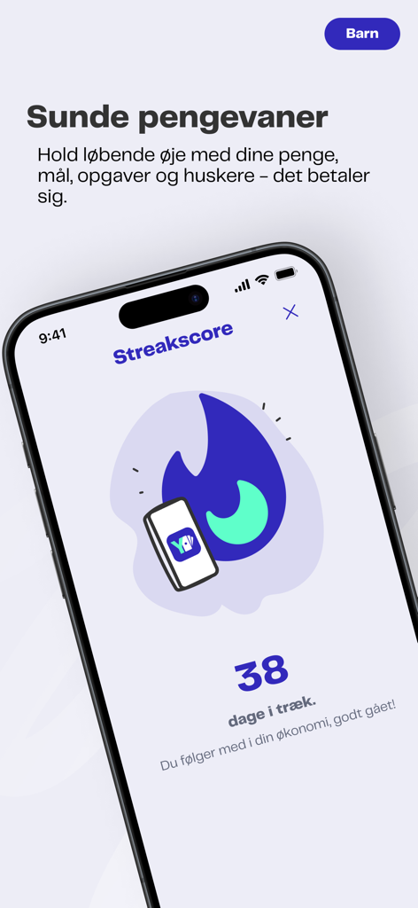 Young Money - A mobile interface of the Young Money app displaying a streak score of 38 days with a blue and green flame icon to gamify financial habits for kids.