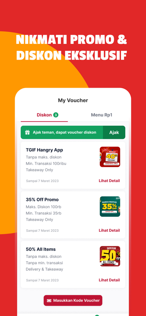 Pantalla Mis Vales en la app Hangry mostrando descuentos exclusivos y códigos de promoción de comida
