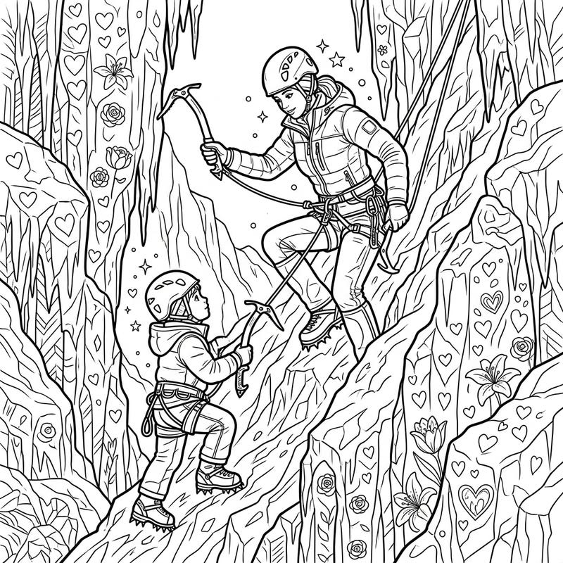 Embark on a frozen adventure this Mother's Day with our unique ice climbing coloring page. Discover a mother and child scaling icy peaks, adorned with subtle hearts and flowers.