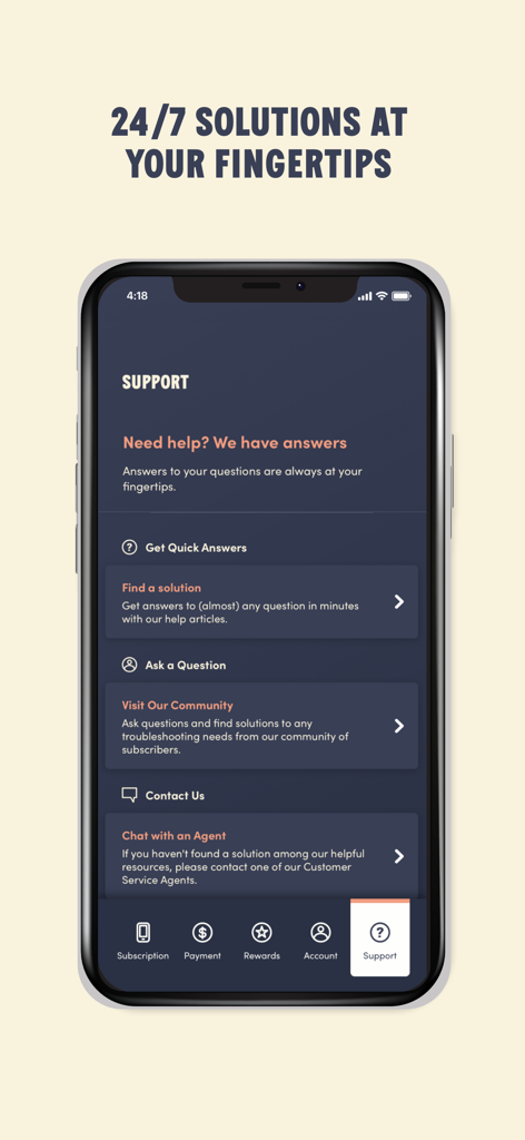 Public Mobile - Interface d'assistance de l'application Public Mobile montrant les options pour les articles d'aide, le forum communautaire et le chat avec un agent.