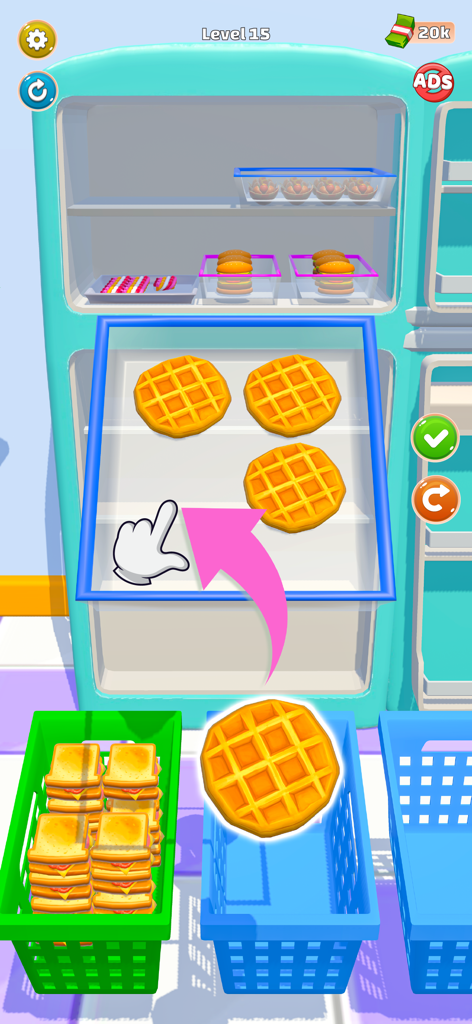 Stock the Fridge - Room Legend - A player organizing waffles and sandwiches in a blue refrigerator in Stock the Fridge Room Legend game