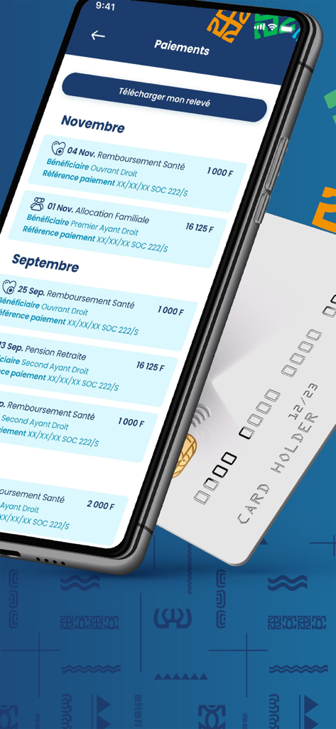 La interfaz de la aplicación Tatou muestra un historial detallado de pagos de seguridad social y reembolsos de salud.