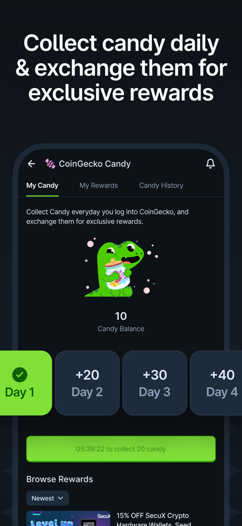 CoinGecko: Crypto Tracker - CoinGecko app screen showing the daily candy rewards collection and loyalty program