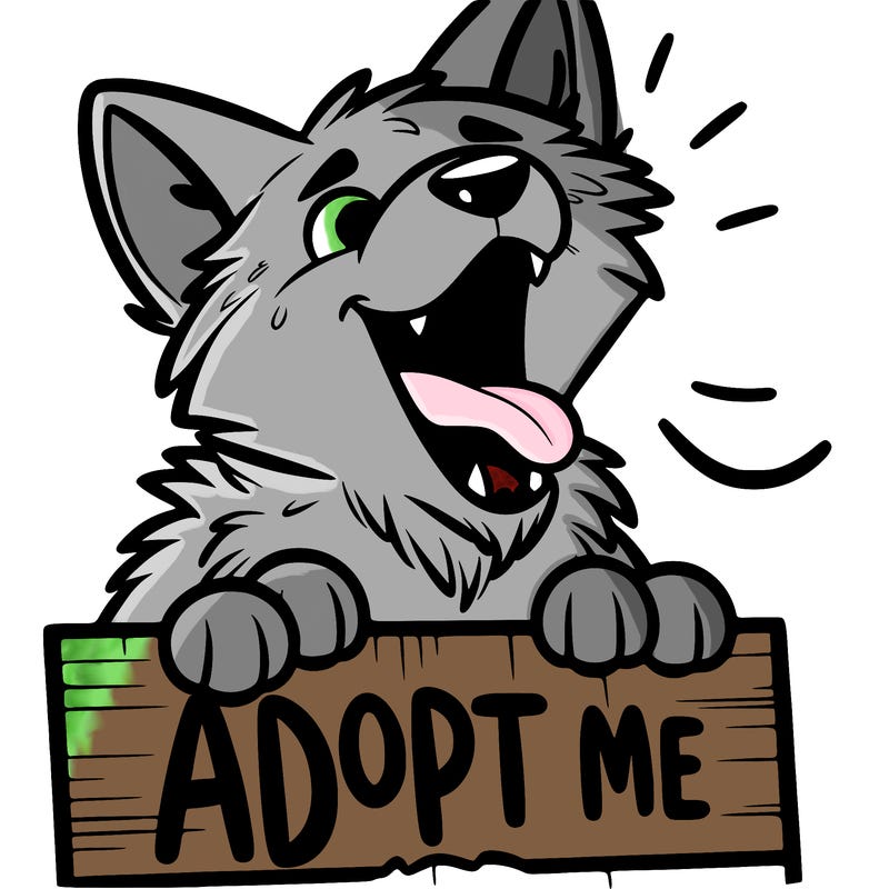wolf growling on a poster saying “adopt me”