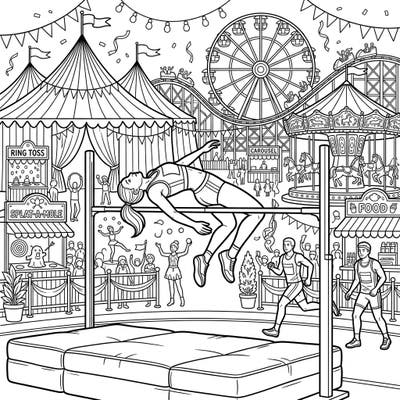Experience the excitement of sports meeting the magic of the fair with this unique coloring page. A skilled high jumper soars above the bar, surrounded by the vibrant chaos and joy of a bustling carnival.