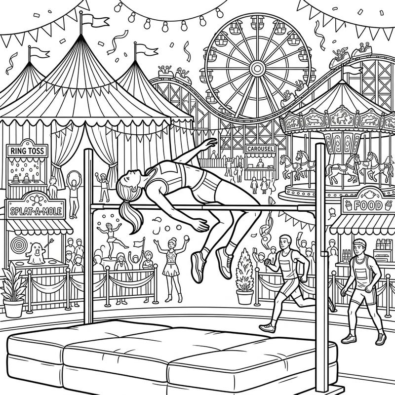 Experience the excitement of sports meeting the magic of the fair with this unique coloring page. A skilled high jumper soars above the bar, surrounded by the vibrant chaos and joy of a bustling carnival.