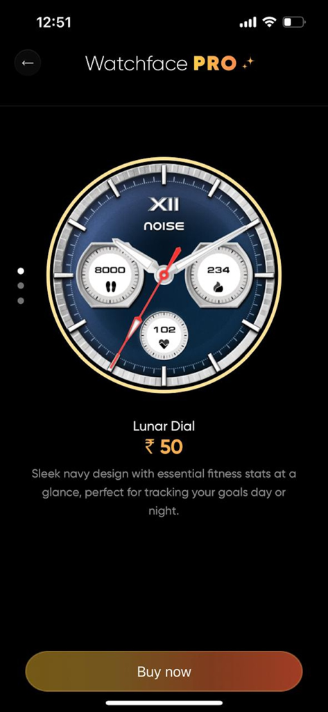 NoiseFit app screen featuring the Lunar Dial watch face for smartwatches