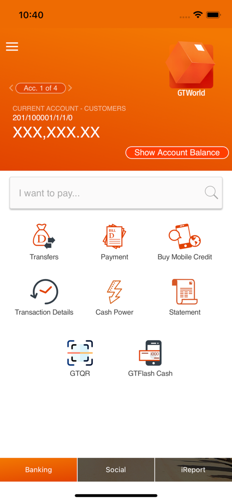GTWorld Gambia - GTWorld Gambia mobile app dashboard displaying account balance and transaction options including transfers and bill payments