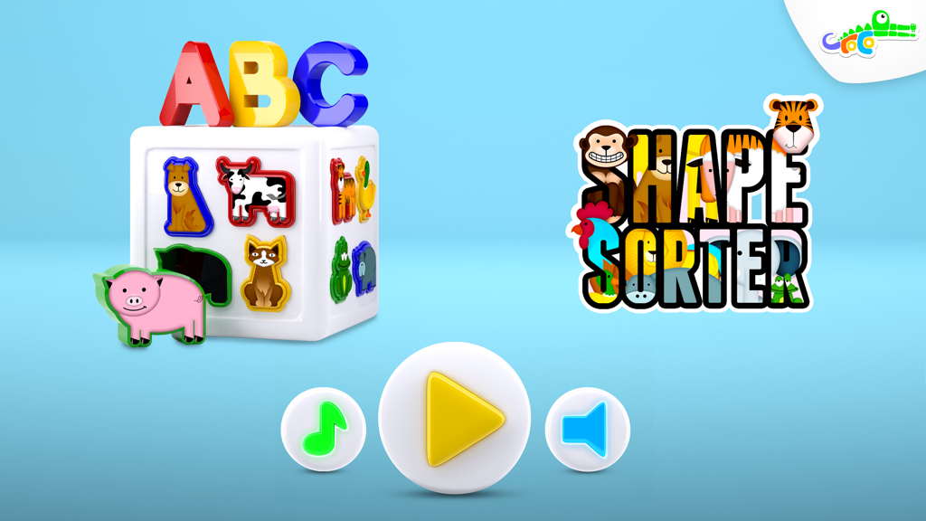 Shape Sorter - Early Learning - Pantalla del menú principal de la aplicación Shape Sorter Early Learning con un cubo de clasificación 3D con formas de animales y letras