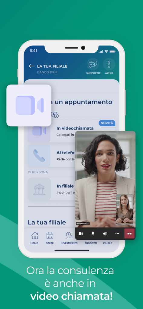 YouApp - Banco BPM - L'interface Banco BPM YouApp présente une fonctionnalité de consultation par appel vidéo pour les services bancaires à distance.