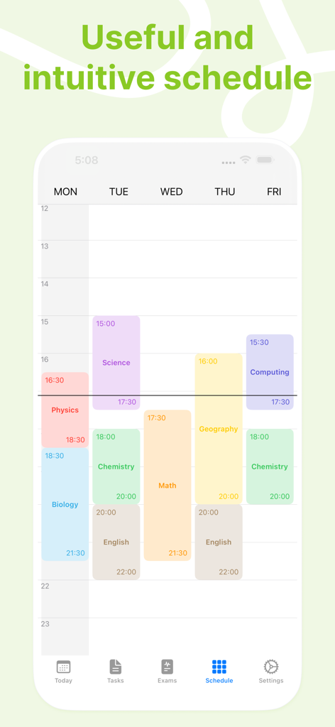 InClass - School Planner - Weekly schedule view of the InClass school planner app with color coded classes