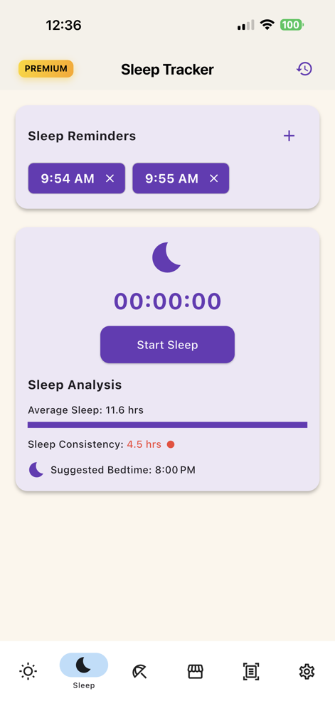 Interface do recurso de rastreamento de sono no aplicativo Sky and Sol mostrando análise de sono e lembretes