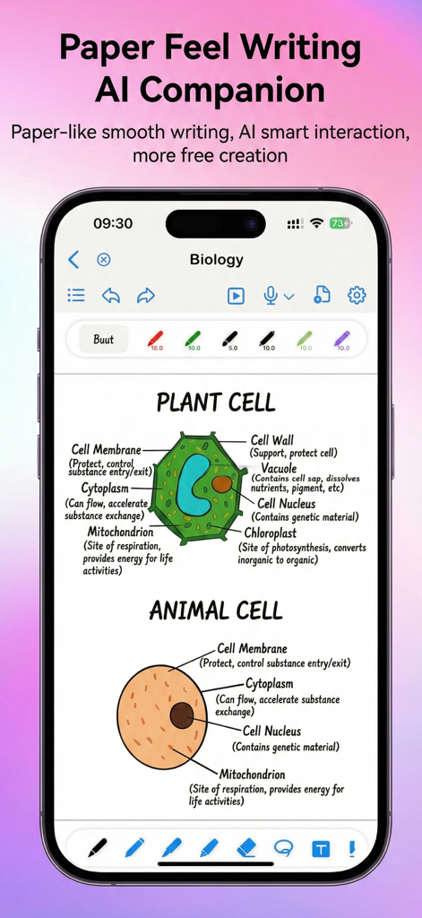 A digital notebook in OrigNotes showing handwritten biology study notes with diagrams of plant and animal cells