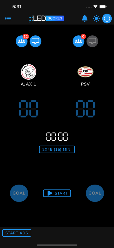 LED Scores - Digital scoreboard control interface for the LED Scores app showing team logos and game timer