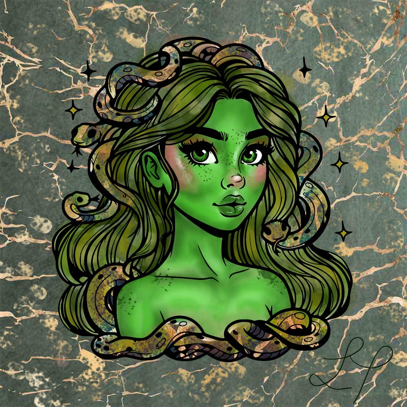 realistic girl with snakes as hair