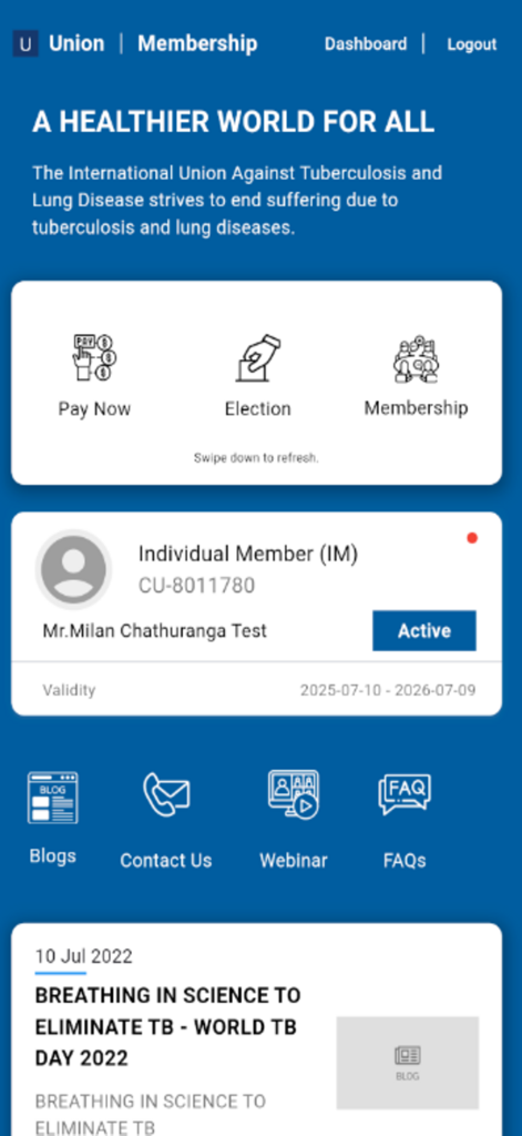 The Union Membership - Dashboard of The Union Membership app showing member profile status and professional resources