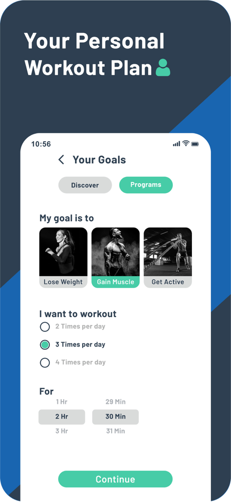 Rony: Muscles Fitness Training - Rony Muscles Fitness Training app interface for setting personalized workout goals and frequency