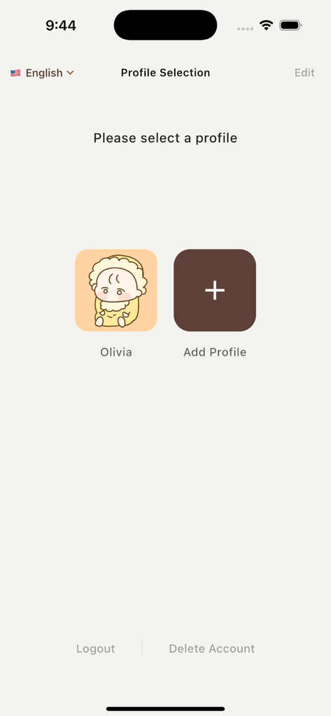 Waa Waa - Pantalla de selección de perfil de bebé de la aplicación Waa Waa con un perfil de bebé para Olivia y una opción para agregar un nuevo perfil.