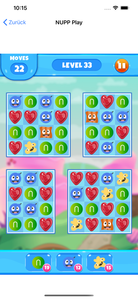 NUPP - Screenshot of the NUPP Play match-three puzzle game showing level thirty-three with colorful icons.