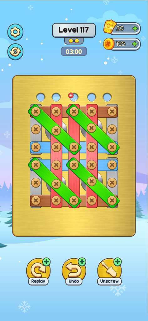 Unscrew Master: Nuts & Bolts - Ein Logik-Rätsel-Level in Unscrew Master, das bunte Stangen zeigt, die mit Schrauben auf einer goldenen Tafel mit Winterhintergrund gesichert sind