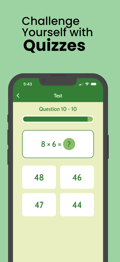 Maths Tables 1 to 100 and Quiz - A mobile app screen showing a math quiz for multiplication with the question 8 times 6 and four multiple choice options.