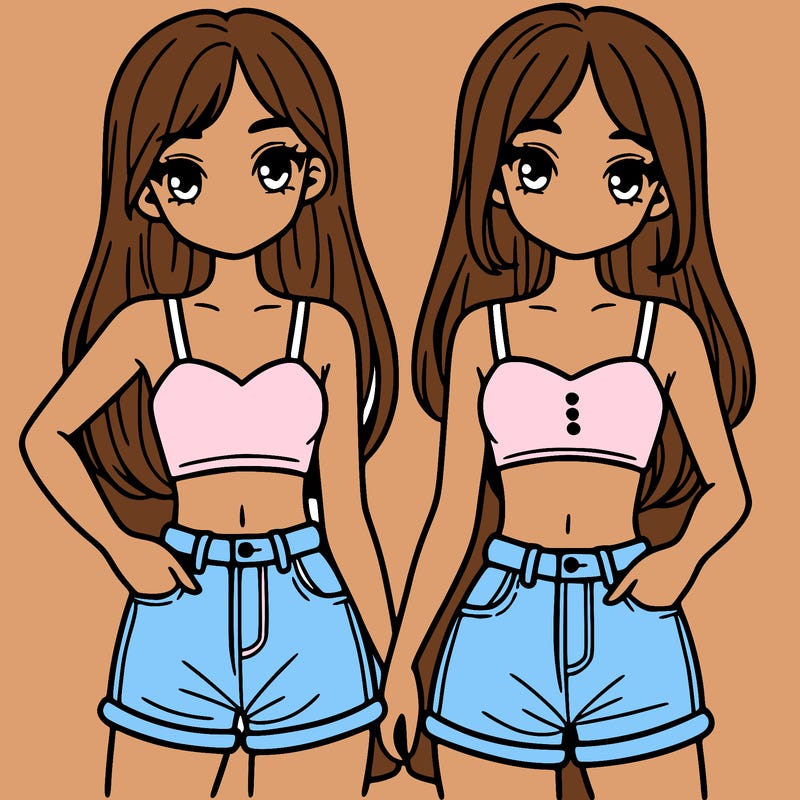 two sisters with crop tops and jean shorts and straight hair