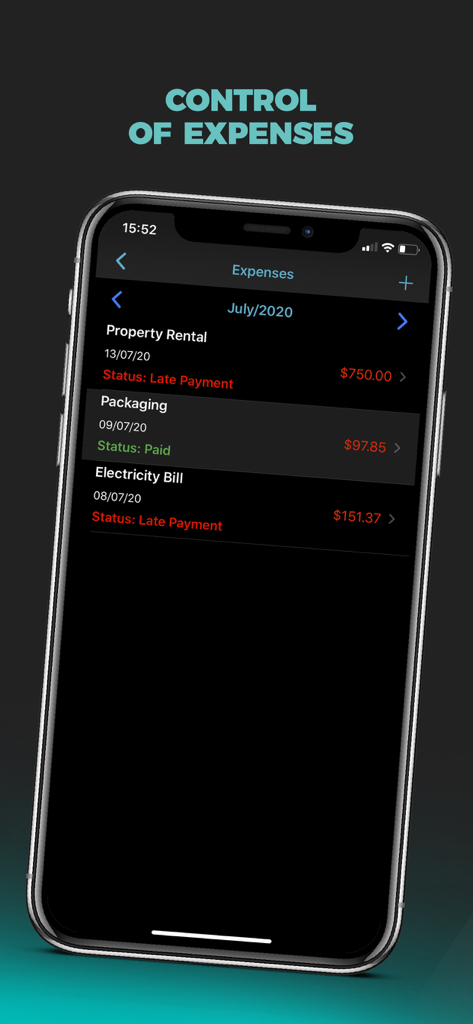 Mobile screen showing business expense tracking with status updates for payments