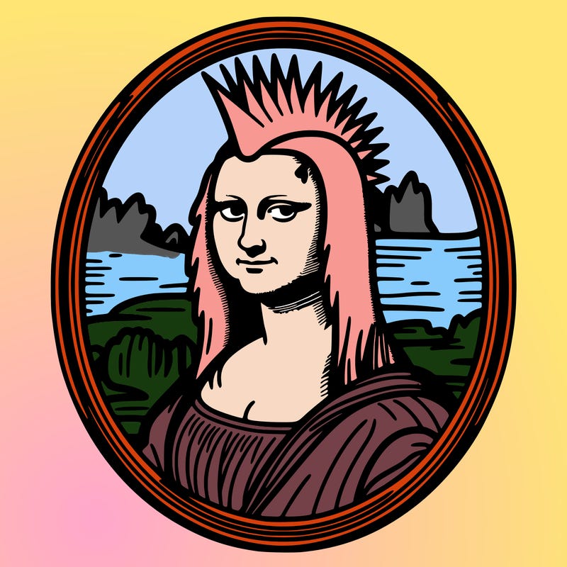 leonardo da vinci's "mona lisa" with punk hairstyle, realistic, thin borders