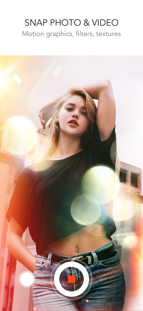 Interfaccia della fotocamera dell'app Rookie Cam che mostra un ritratto con light leak vintage ed effetti bokeh