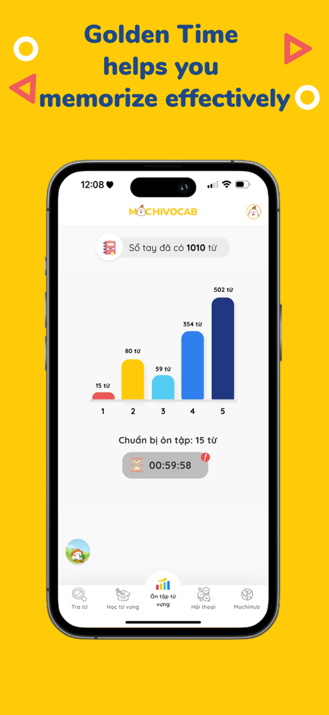 MochiVocab - Learn English - MochiVocab app interface displaying vocabulary progress chart and Golden Time review countdown.