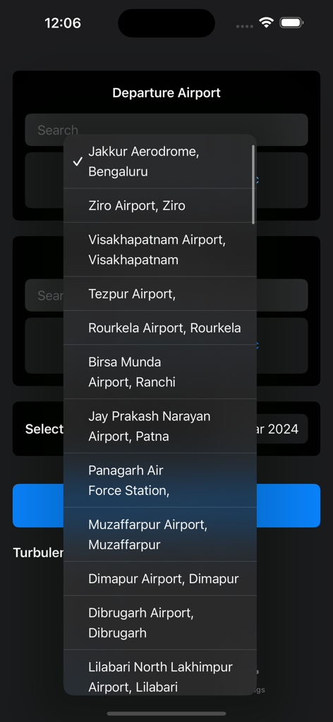 FlyWithoutFear - Una pantalla de aplicación móvil que muestra una lista desplegable de aeropuertos de salida para la planificación de vuelos.