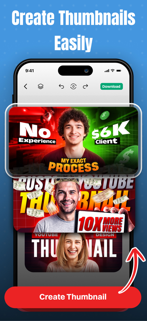 Cover Art AI - Thumbnail Maker - A smartphone showing the Cover Art AI app interface with various professional YouTube thumbnail templates