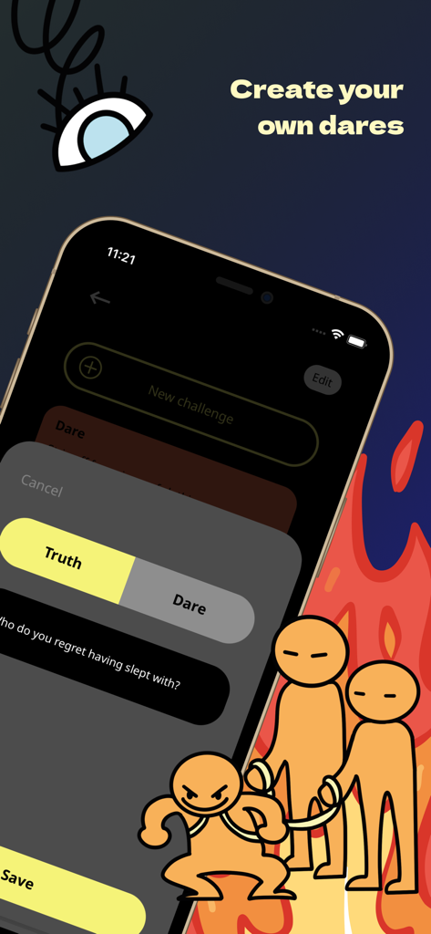 Truth or Dare? Fun Party Game - Smartphone screen displaying the custom truth or dare challenge creation feature with fun illustrations.