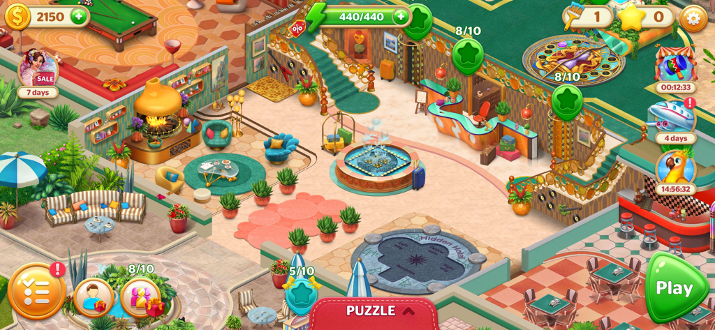 Isometric view of a vibrant renovated hotel lobby with a fountain and stylish furniture in Hidden Hotel Miami Mystery