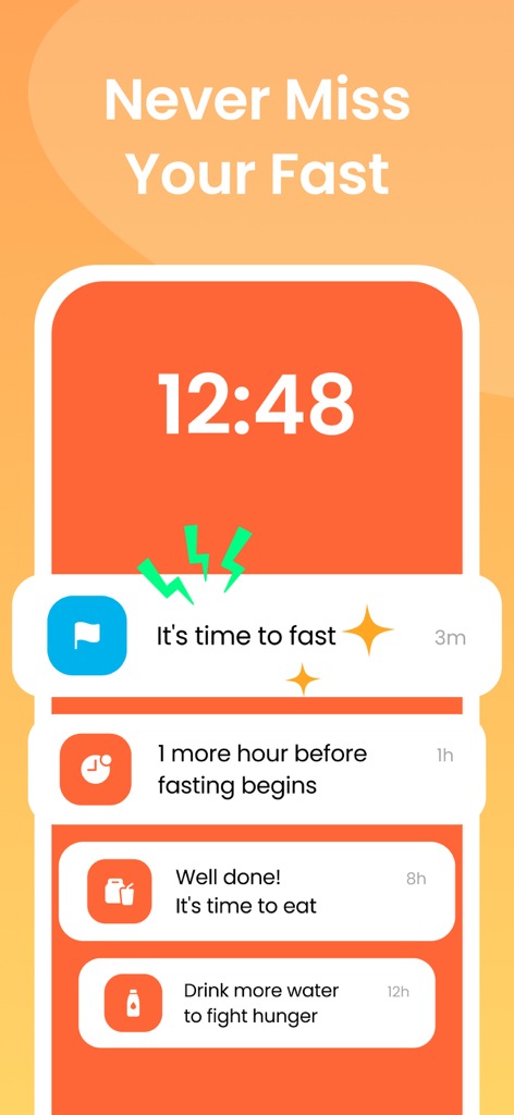 Mobile screen showing various smart notifications and reminders for an intermittent fasting app